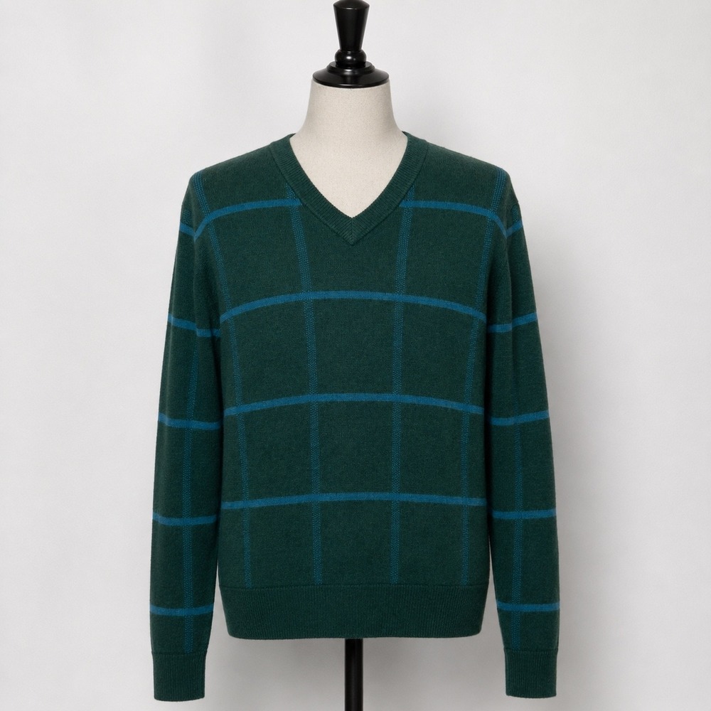 Bonobos Mens V-Neck Merino Wool Cashmere Blend Windowpane Plaid Sweater Green M